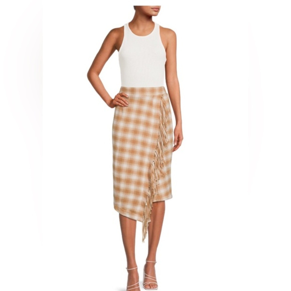 Tan and white plaid look Fringed Faux Wrap Skirt size large 12 14‎ brand new